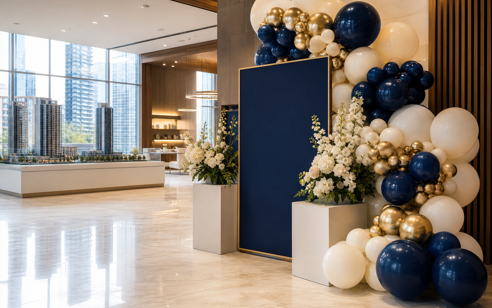 Condominium key-handover event decor with navy and gold balloons, white florals and welcome signage