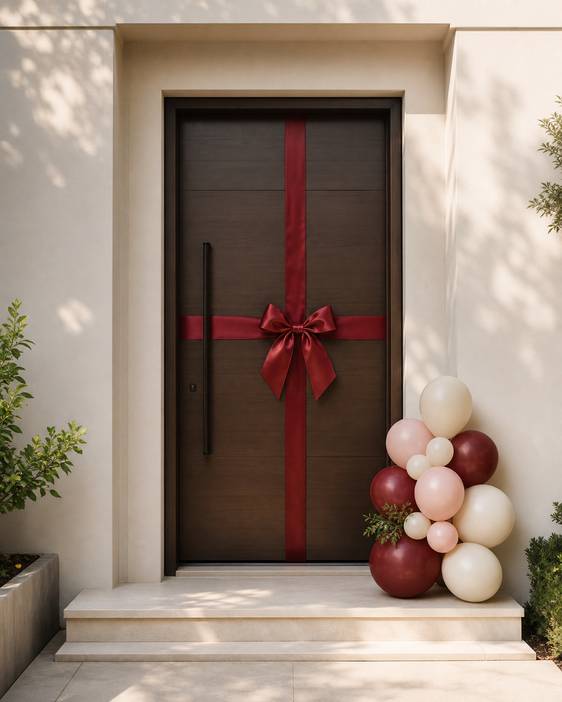 Modern home entrance with a burgundy ribbon and a small burgundy, blush and ivory balloon cluster